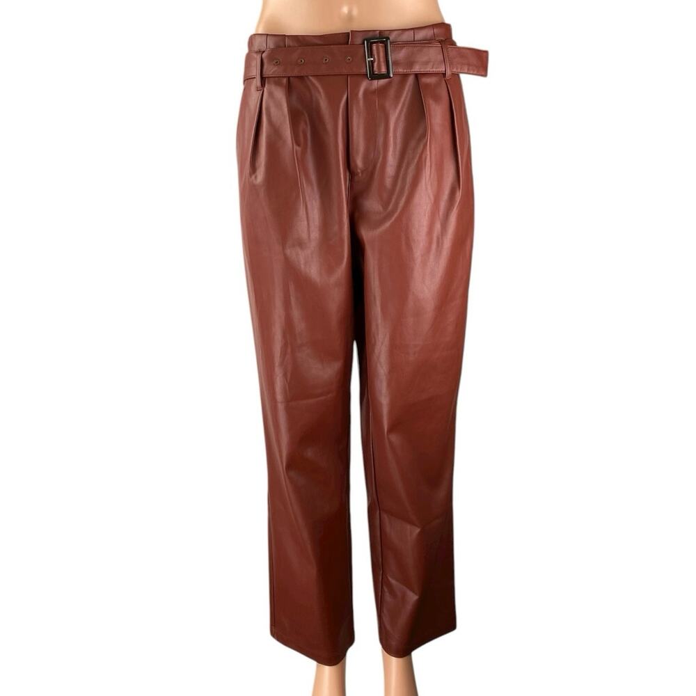 Who What Wear Brown High Rise Faux Leather Vegan Belted Pleated Trousers Pants 6